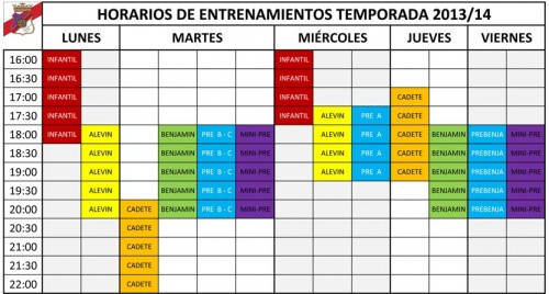 Horarios de entrenamiento 2013/14