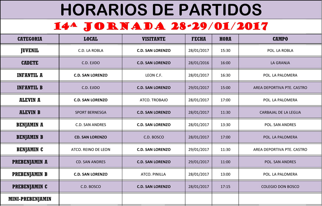 Horarios 14ª Jornada de Liga Horarios 14ª Jornada de Liga