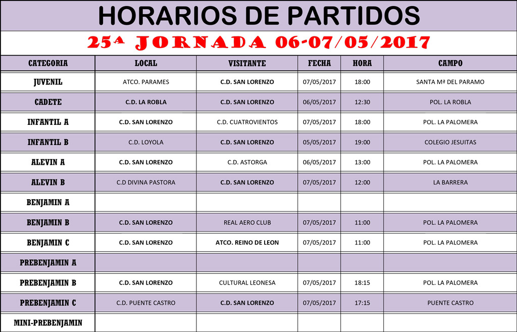 Horarios 25ª Jornada de Liga