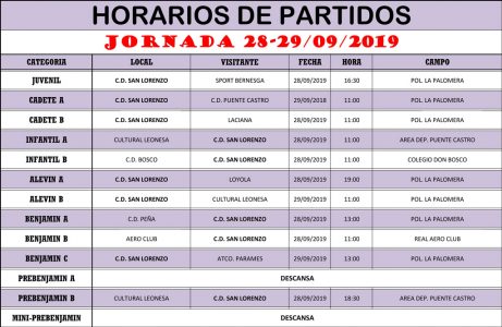 Horarios Jornada de Liga 28-29/09/19