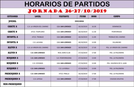 Horarios Jornada de Liga 26-27/10/19