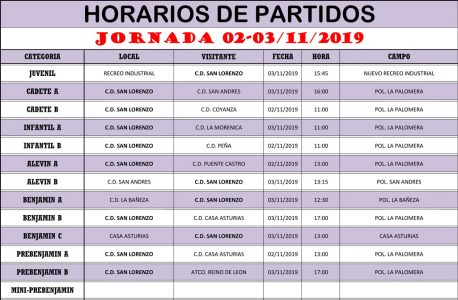 Horarios Jornada de Liga 02-03/11/19