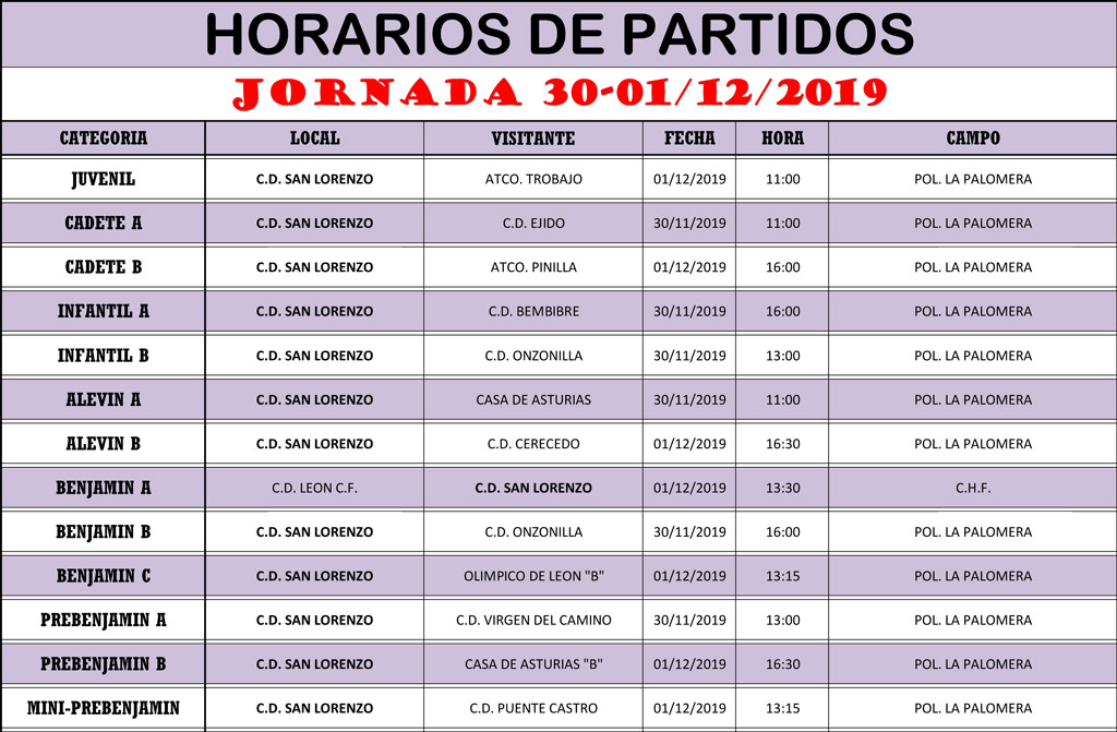 Horarios Jornada de Liga 30-01/12/19