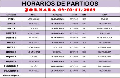 Horarios Jornada de Liga 09-10/11/19