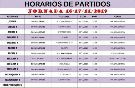 Horarios Jornada de Liga 16-17/11/19