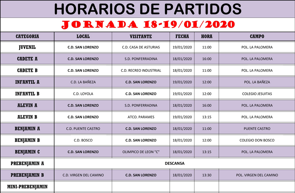 Horarios Jornada de Liga 18-19/01/20