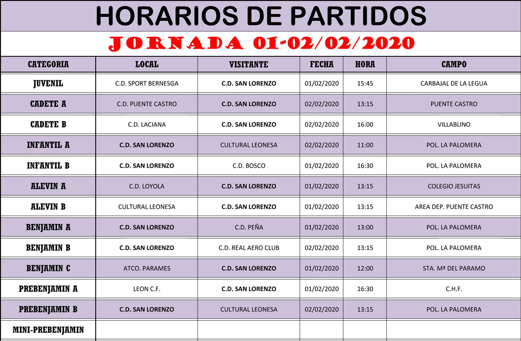 Horarios Jornada de Liga 01-02/02/20