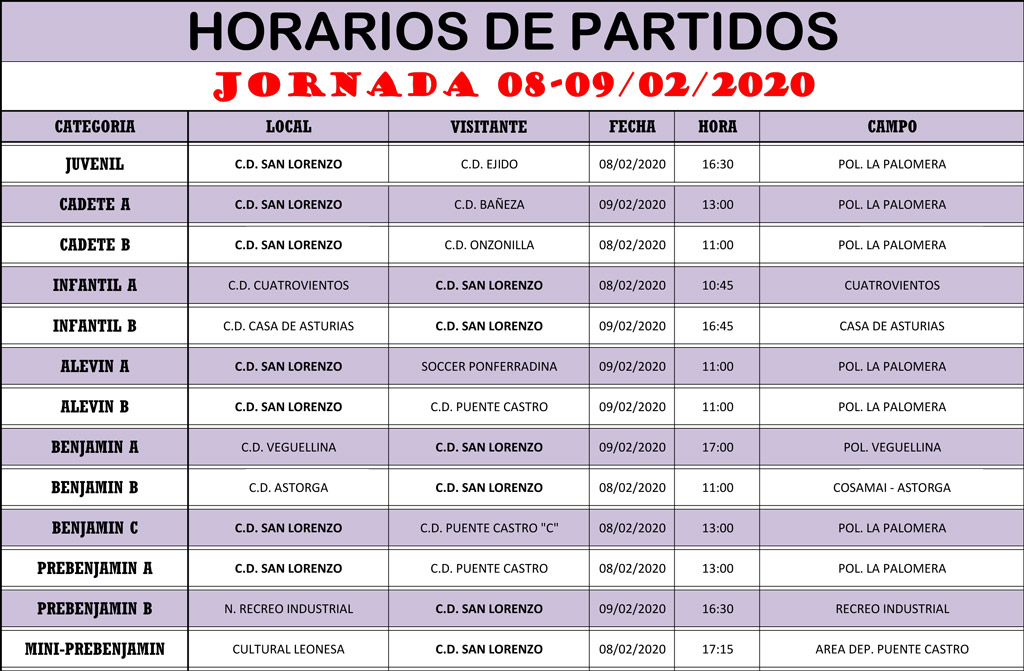 Horarios Jornada de Liga 08-09/02/20