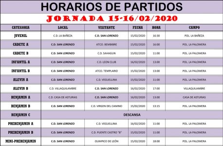 Horarios Jornada de Liga 15-16/02/20